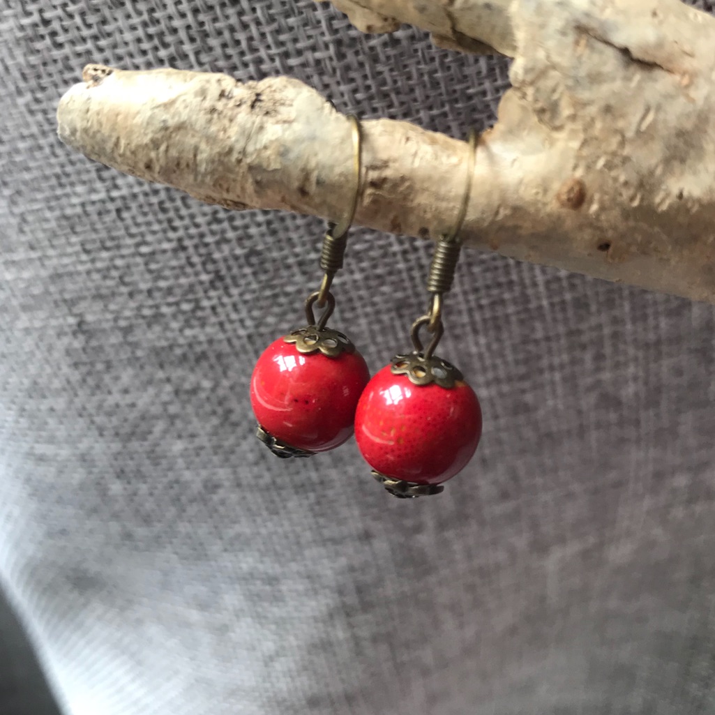 Handmade Red Cherry Ceramic Bead Earrings